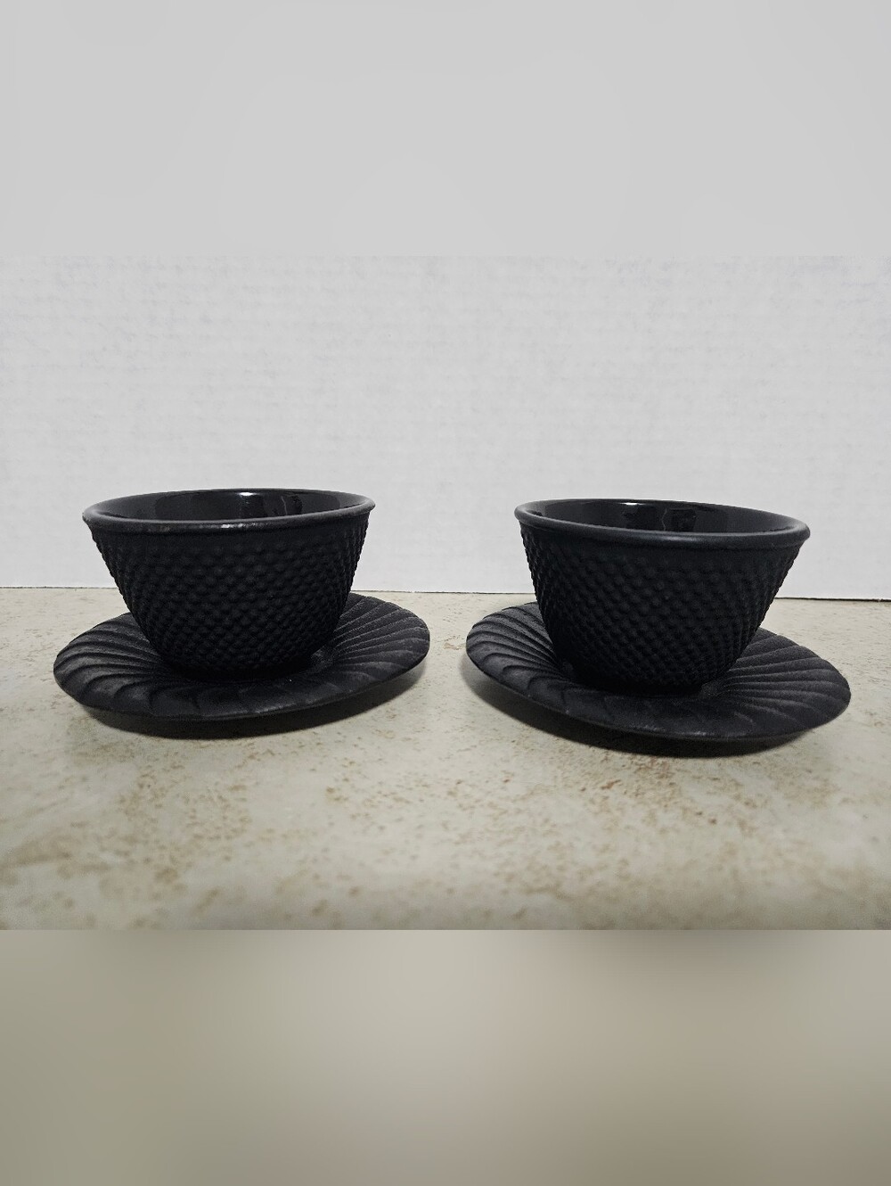 Cast Iron Tea Cup Set of 2 Black Teacups and Saucers